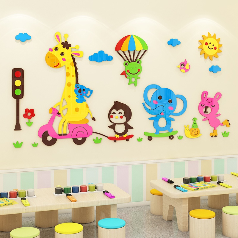 Tranh mica 3d dán tường mẫu tranh các con vật tham gia giao thông, trang trí phòng cho bé, mầm non, mẫu giáo