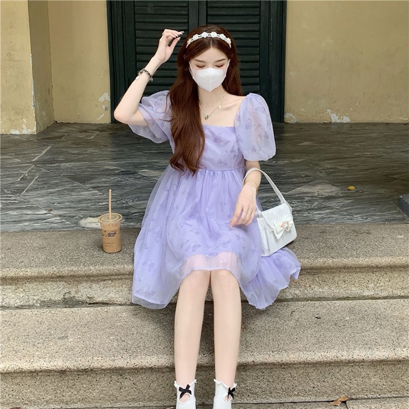 Đầm chiffon ZHELIHANGFEI tay phồng cổ vuông họa tiết bướm xinh xắn