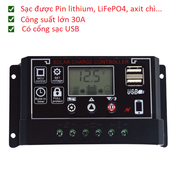 Bộ điều khiển sạc pin năng lượng mặt trời 30A 12V 24V hỗ trợ sạc pin lithium , LiFePO4, ắc quy axit chì