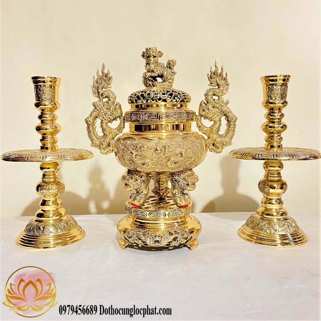 Bộ Tam Sự Đỉnh Tròn Bằng Đồng Cao 30cm (Số 0) thương hiệu Vĩnh Tiến sản xuất tại Việt Nam