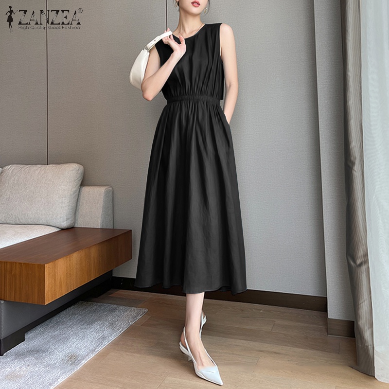 Đầm dài ZANZEA không tay cổ tròn phối dây rút thanh lịch thời trang cho nữ