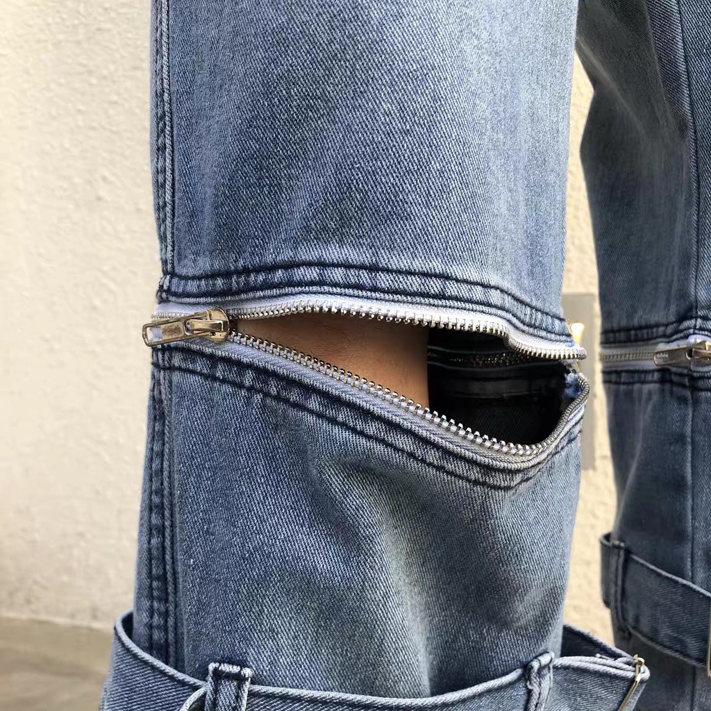 Quần Baggy Nam Nữ Khóa Gối Ống Rộng Bom House Chất Liệu Jeans Mềm Mịn