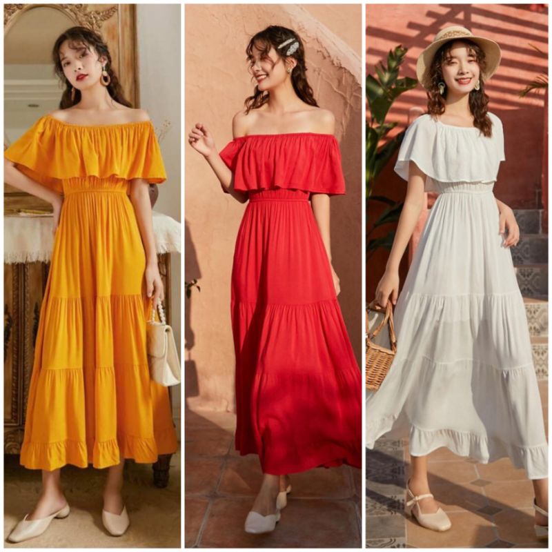 Váy maxi trể vai vàng/đỏ/trắng chân váy nối tầng