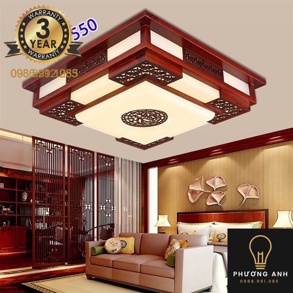 Đèn ốp trần gỗ hình vuông kích thước 550 trang trí nội thất phòng khách phòng ngủ sang trọng hiện đại - Đèn Phương Anh