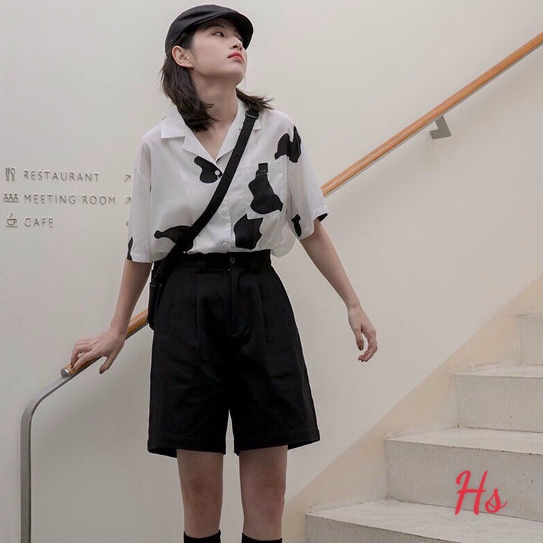 ÁO SƠ MI LOANG BÒ SỮA FORM RỘNG UNISEX - SƠ MI CỘC TAY LỠ HỌA TIẾT BÒ SỮA CÁ TÍNH | BigBuy360 - bigbuy360.vn