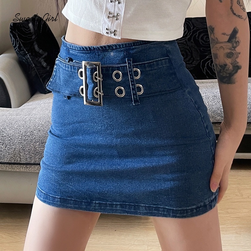 Chân váy jean Lưng Cao Màu Trơn Phối Dây Kéo Phong Cách Thời Trang Đường Phố Dành Cho Nữ 2022