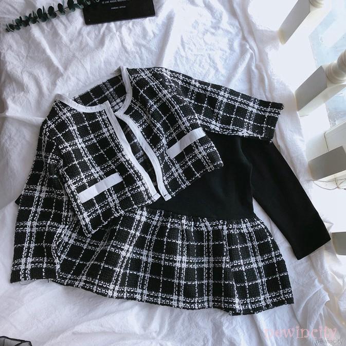 Bộ đầm + áo khoác dài tay kẻ sọc thời trang mùa thu cho bé gái