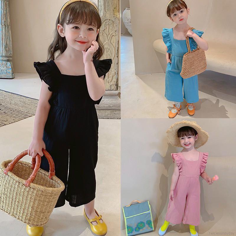 Bộ Áo Liền Quần Không Tay Ống Rộng Hở Lưng Phong Cách Hàn Quốc Cho Bé Gái