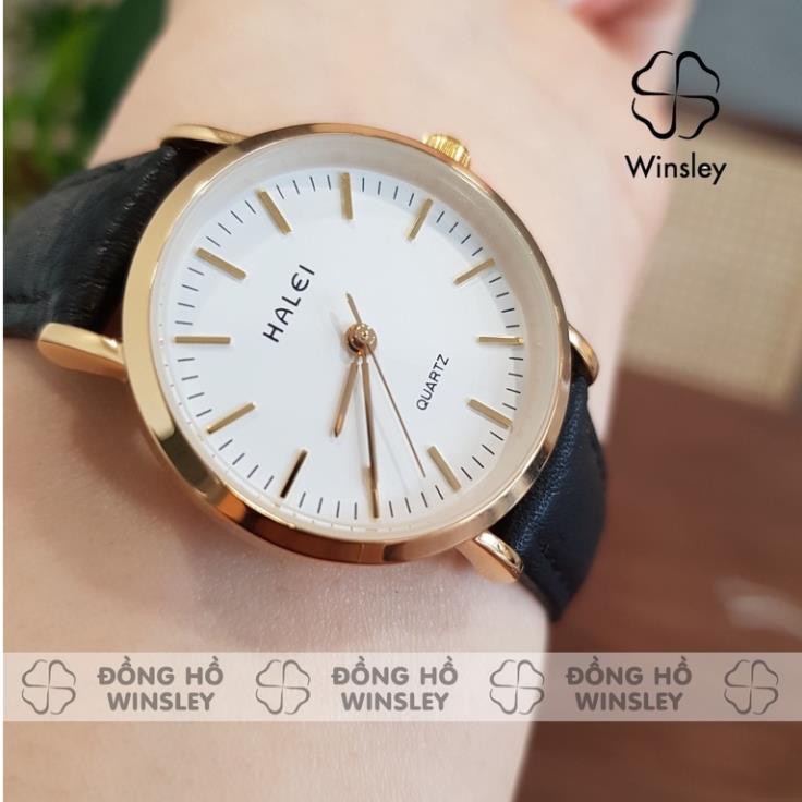 Chinh Hang - Đồng hồ nữ Halei dây da đen mặt số vạch mini mạ viền vàng sang trọng chống nước
