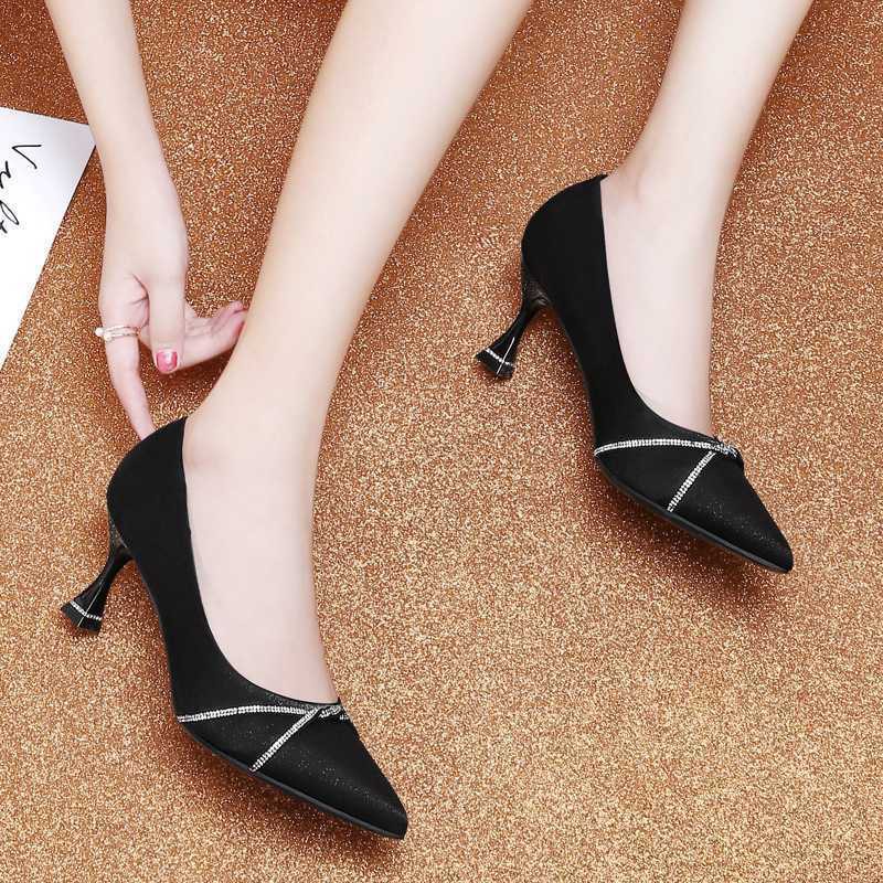 ﹉✈✵Spring and autumn new style rhinestone satin pointed red high heels women s shallow stiletto party dress single shoes