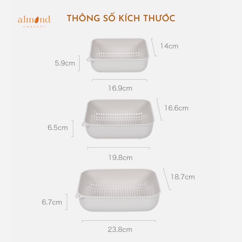 Bộ 3 Rổ Nhựa Cứng Rửa/Đựng Trái Cây, Rau Củ, Hoa Quả - Màu Trắng, Phong Cách Tối Giản Sang Trọng - almondconcept