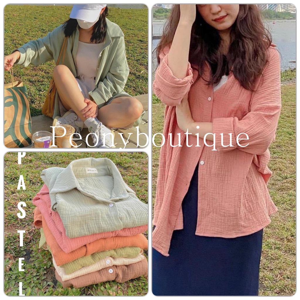Áo Sơ Mi Nhăn Pastel PEONYB Nữ [FREESHIP]  Thun form rộng vintage màu TRẮNG | HỒNG | BE | XANH Ulzzang