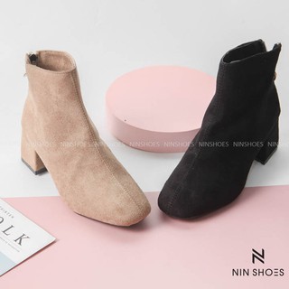Bốt cao gót 5P NINSHOES gót vuông mũi tròn da lộn lót lông khóa sau