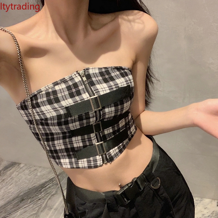 DUNEA Áo ống ôm ngực dây kéo họa tiết trắng đen quyến rũ cho nữ