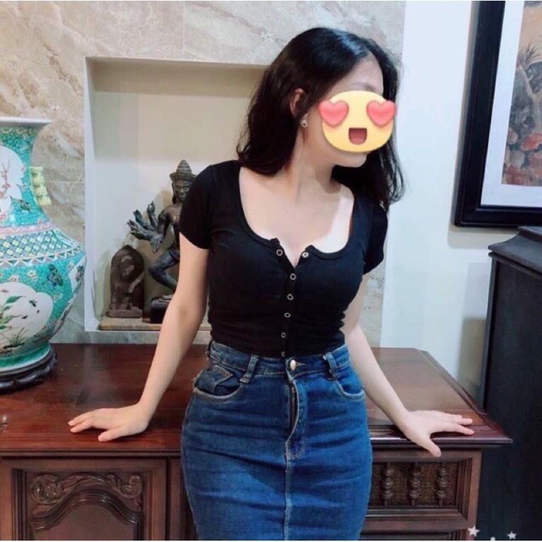 [Mã FAMARAL1 giảm 10K đơn 50K] Áo Croptop nữ Tay ngắn ôm body khóa cúc, Croptop Nữ Tay ngắn Ulzzang, Áo thun ôm nữ