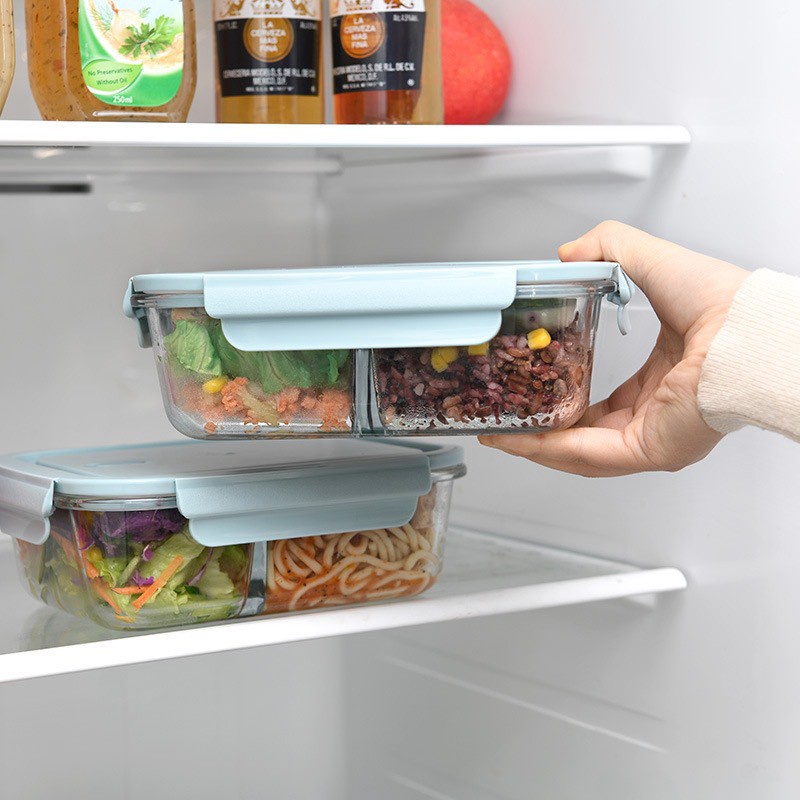 Hộp Cơm Thủy Tinh 3 Ngăn Kèm Muỗng Đũa Inox - Chịu Nhiệt, Chống Tràn Tiện Lợi