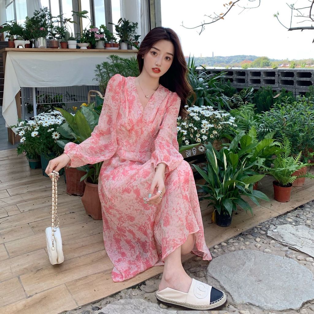 Đầm chiffon Ôm Eo In Họa Tiết Hoa Anh Đào Thanh Lịch