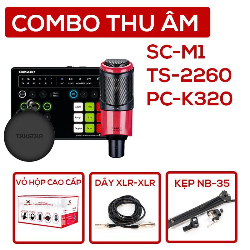 Combo Mic PC K320, Souncard SC-M1, Tai nghe TS2260 và đầy đủ phụ kiện đi kèm. Combo thu âm, livestream, hát karaoke