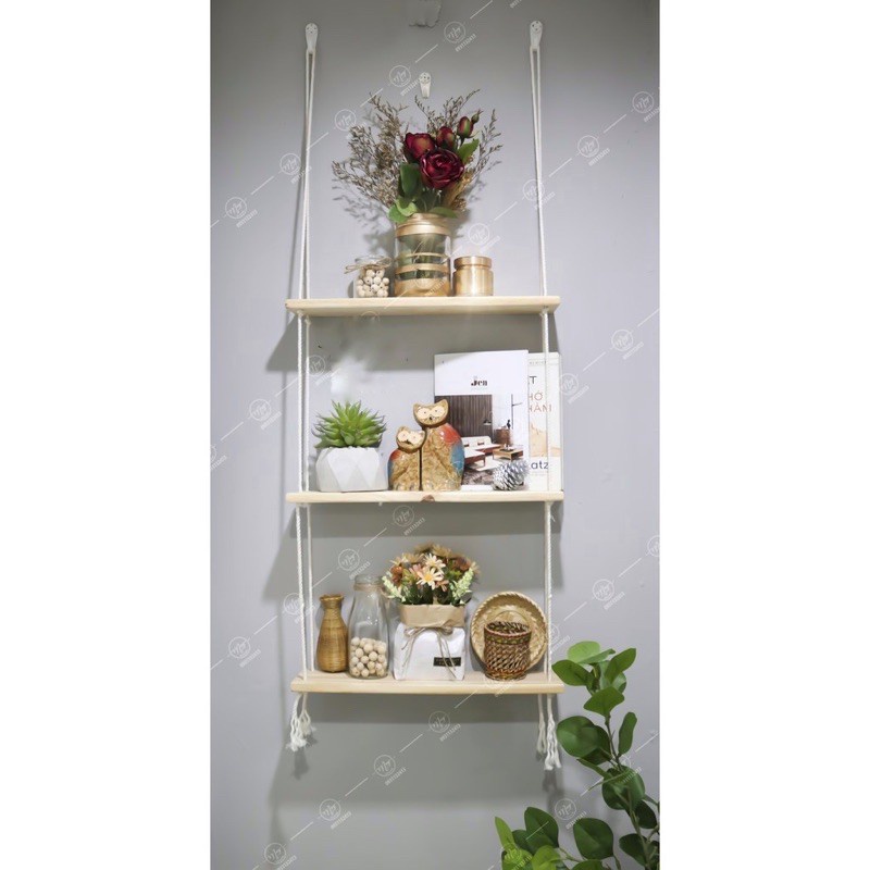 Kệ Treo Tường 3 Tầng kích thước lớn 10X30 cm - Kệ Trang Trí Dây Thừng Để Cây Cảnh, đồ lưu niệm....