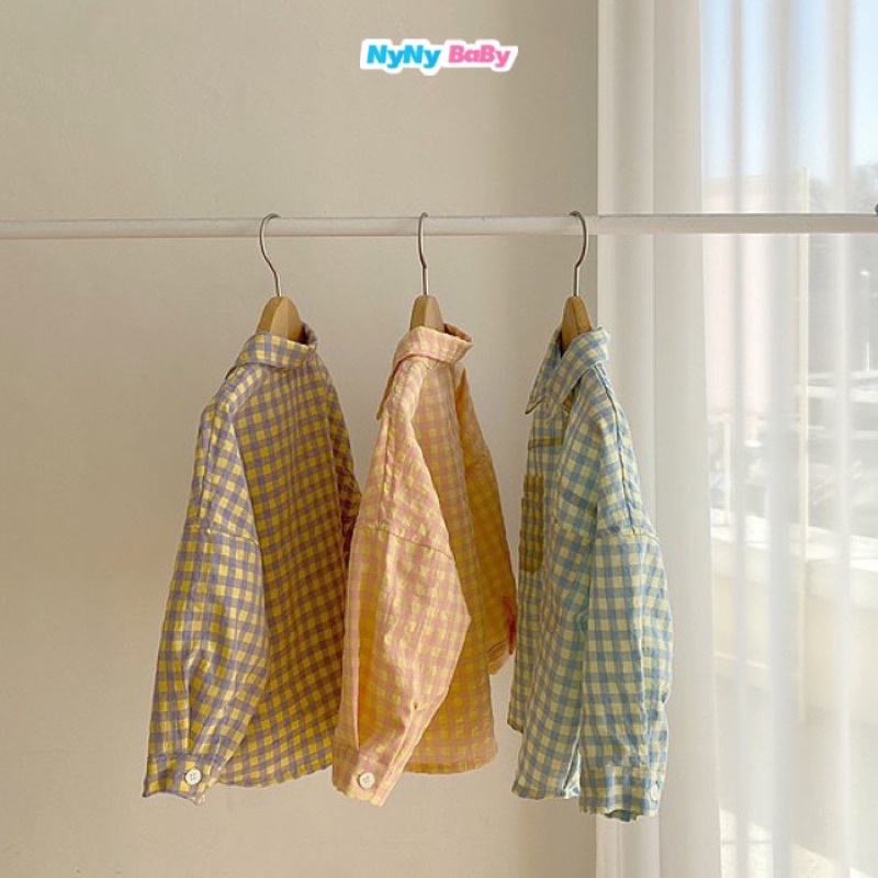 Áo Sơ Mi Form Rộng Cho Bé Trai Bé Gái Dáng Thụng Vải Cotton Thô Mềm Họa Tiết Kẻ Caro Nyny Baby  Từ 1-7 Tuổi