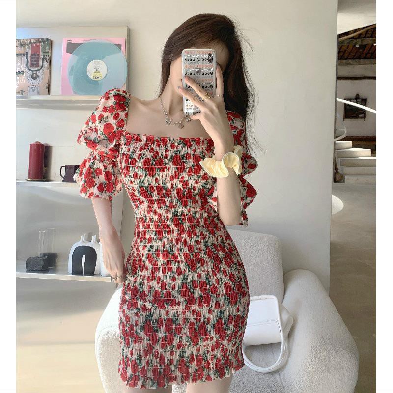 Đầm ôm Ngắn Tay Cổ Vuông In Hoa Thời Trang | BigBuy360 - bigbuy360.vn