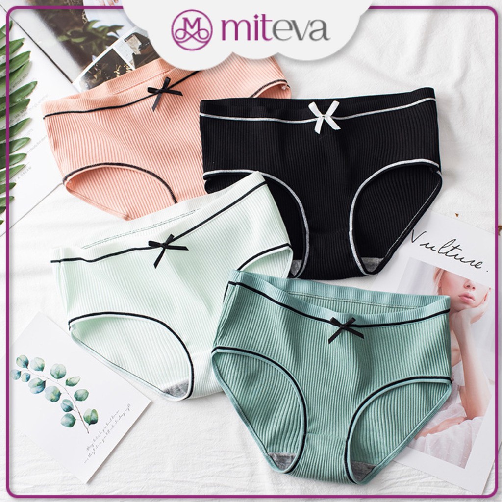 Quần Lót nữ Cotton gân tăm viền đen điệu đà phối viền đen đính nơ xinh MITEVA QL16