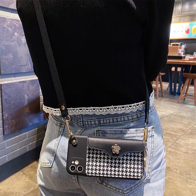Ốp Điện Thoại Dạng Túi Xách Họa Tiết Houndstooth Có Dây Đeo Cho iPhone 13Promax 12 x