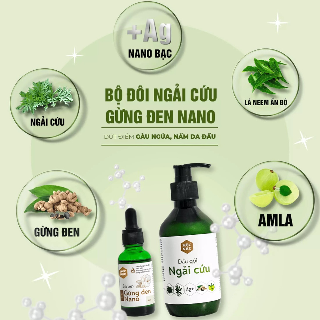 Bộ 3 Dầu Gội Ngải Cứu 300ml + Serum Gừng Đen Nano 30ml + Dầu Xả Mộc Nhu 300ml Làm Sạch Gàu Ngứa, Nấm Da Đầu