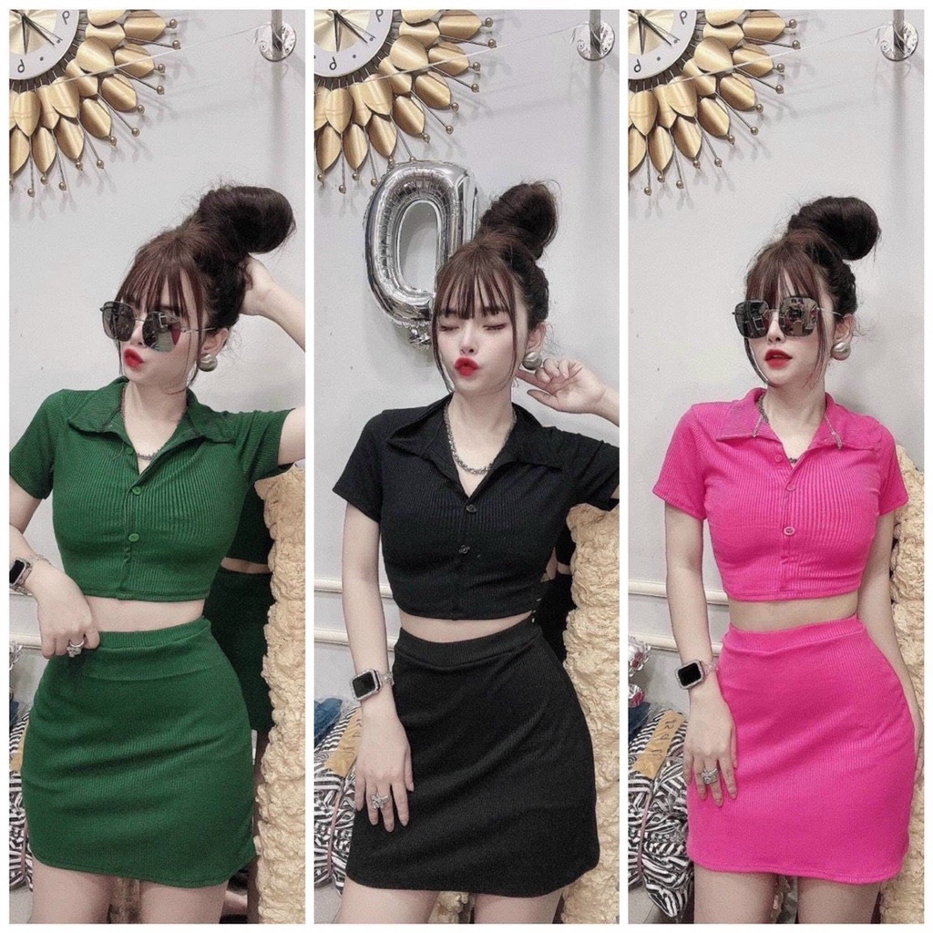 Set áo thun croptop cổ bẻ chân váy ngắn ôm có lót trong chất thun gân mịn MK60