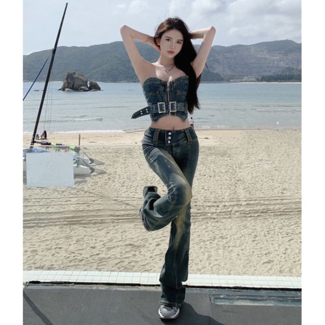 Set Quần jeans nữ ống rộng combo Áo jeans croptop áo bò 2 dây B009 chất đẹp quần bò cạp cao suông 4 mùa