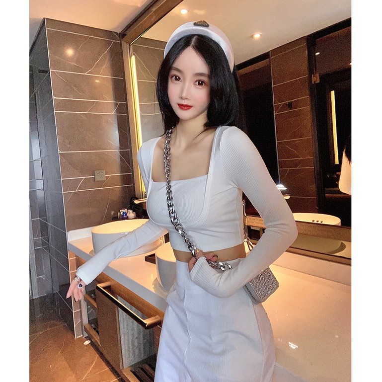 Áo Dệt Kim Tay Dài Cổ Vuông Thời Trang Dành Cho Nữ