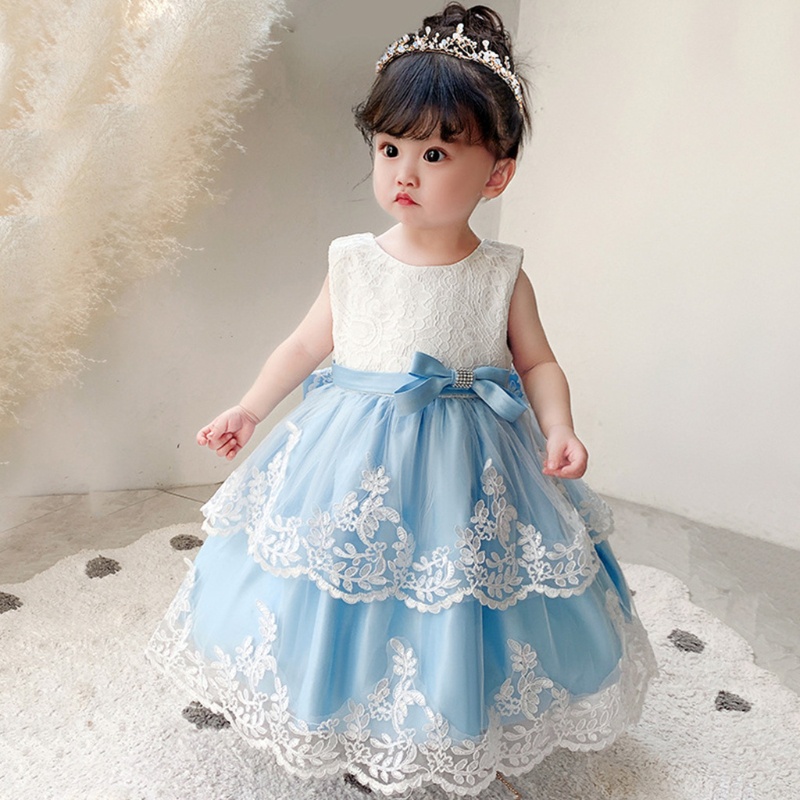 Đầm Công Chúa Không Tay Vải Tuyn Đính Nơ Phối Ren Thêu Hoa Dễ Thương Cho Bé Gái