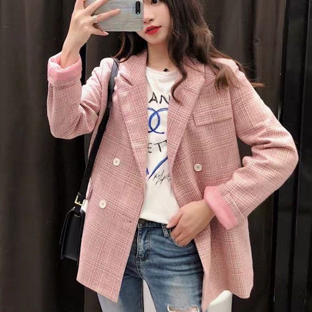 Ảnh thật/Order: Áo khoác Blazer kẻ Hồng cúc trắng Korea