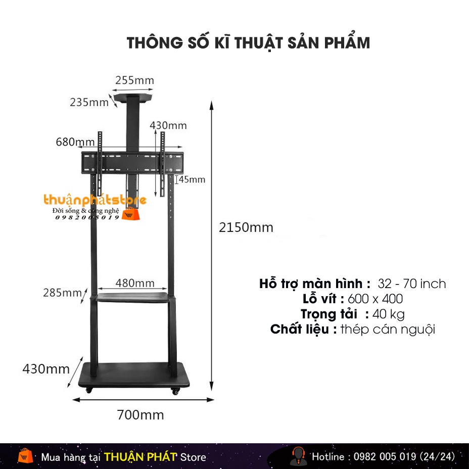 Giá Treo Tivi Di Động 1700 32 - 43 - 50 - 55 - 65 - 70 Inch Kệ Treo Tivi Có Bánh Xe Di Chuyển - Ưu Việt Hơn NB AVA1500