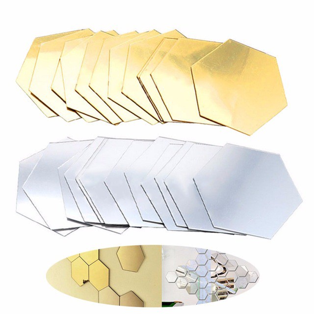 Bộ 12 Miếng Dán Tường Tráng Gương Hình Lục Giác 3D Màu Vàng / Bạc Họa Tiết Tổ Ong Độc Đáo Trang Trí Nhà Cửa / Văn Phòng / Phòng