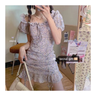 ĐẦM BODY BẸT VAI DÂY RÚT MÀU TÍM HOT TREND HOẠ TIẾT HOA CÚC NHÍ - ĐẦM BODY ULZZANG - KOREA STYLE