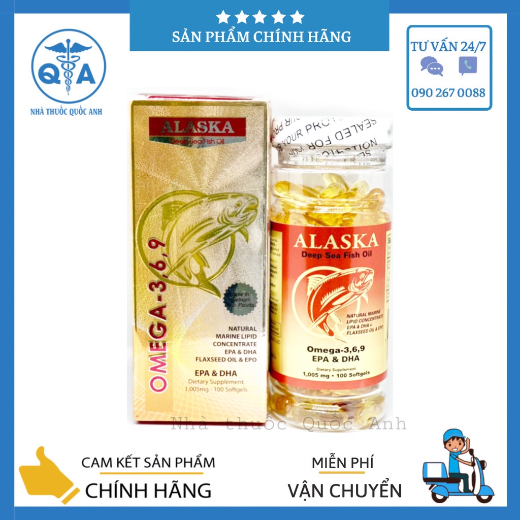 (Hộp 100v) Viên dầu cá Alaska Omega 3,6,9 EPA & DHA Tăng Cường Dưỡng Chất Cho Não, Phát Triển Thị Lực