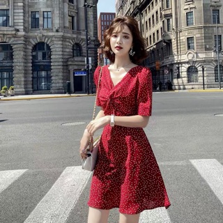 VÁY CHẤM BI ĐỎ XOẮN NGỰC