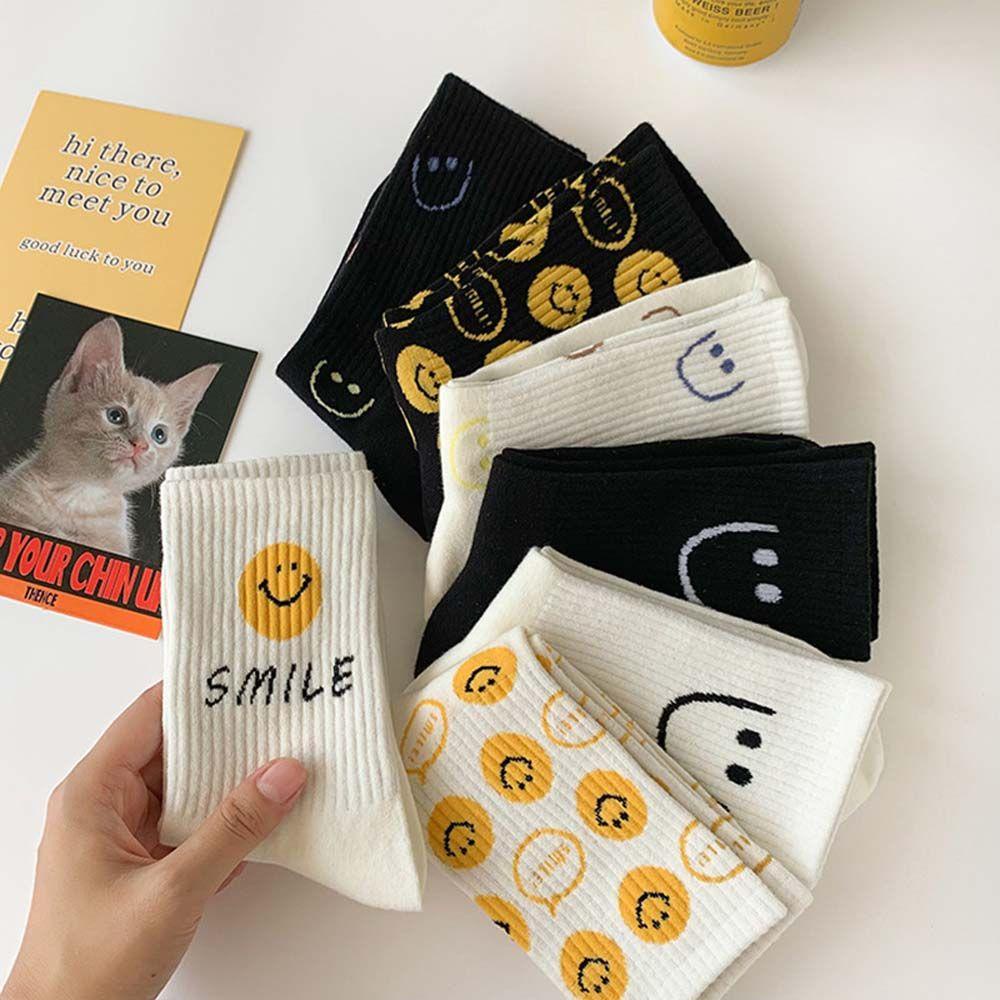 Vớ Cotton Cổ Vừa Thoáng Khí In Họa Tiết Mặt Cười Dễ Thương Phong Cách Hàn Quốc Thời Trang Cho Nữ