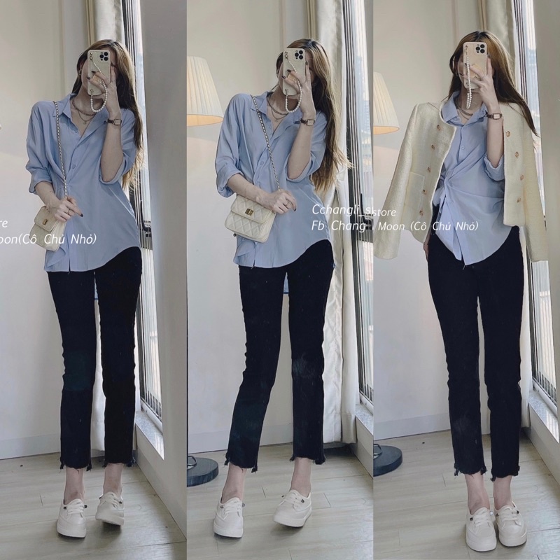 Sơ mi xanh cúc chéo phối quần jean ống đứng(ảnh thật shop chụp)