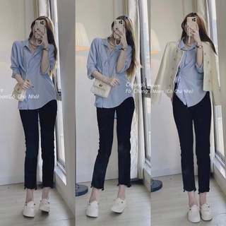 Sơ mi xanh cúc chéo phối quần jean ống đứng