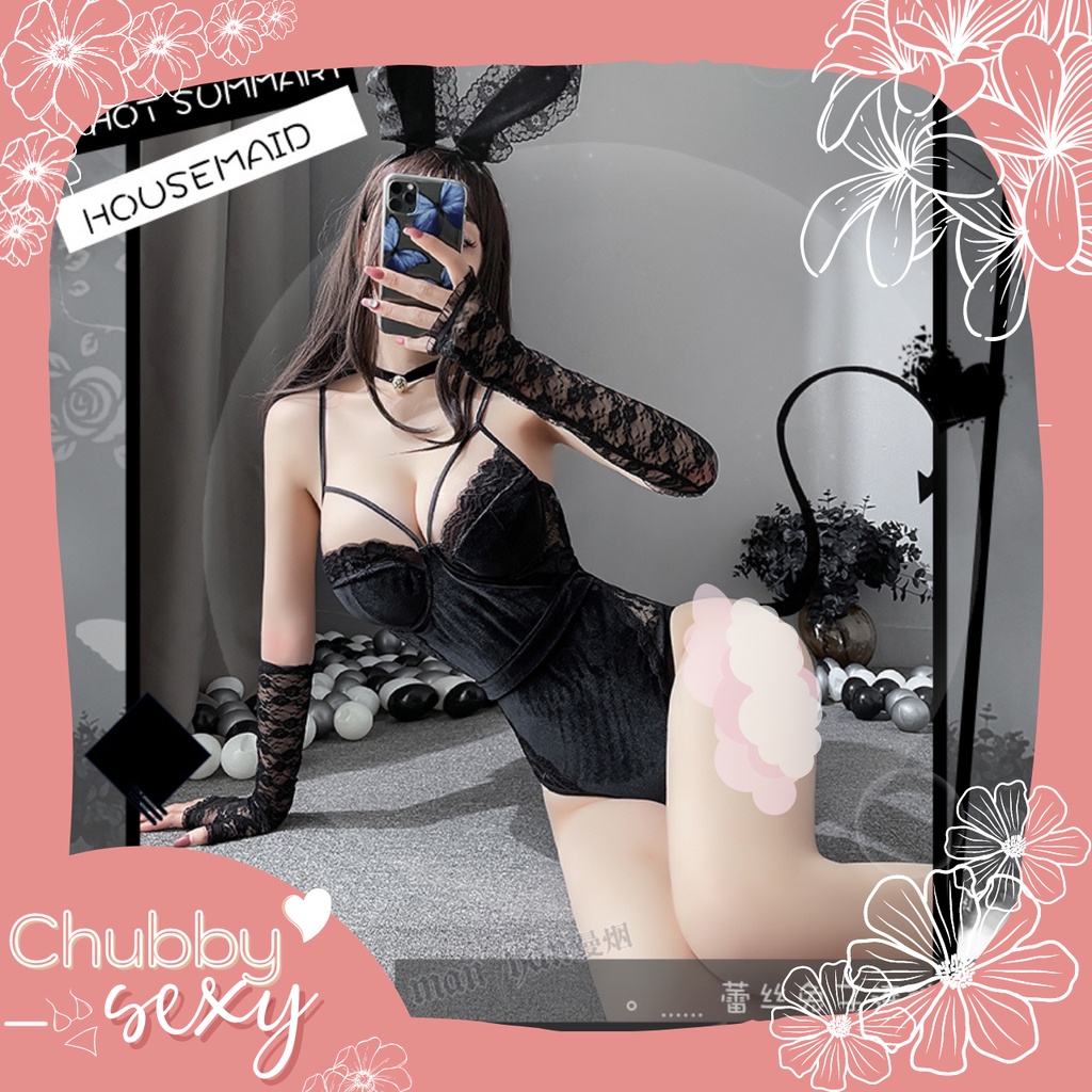 Cosplay Bé Thỏ Gợi Cảm - Bodysuit Nhung Có Bờm Tai Dài Và Vòng Cổ Kèm Cục Bông Kích Thích Quyến Rũ - BDS16 - Chubby.Sexy