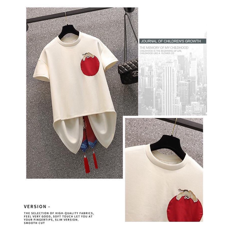 Áo thun tay ngắn dáng rộng đính nơ phong cách Trung Hoa độc đáo cổ điển