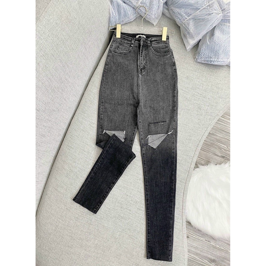 Quần jean ống ôm phối 2 màu rách nhẹ cực xinh , chất jean dày dặn co giãn