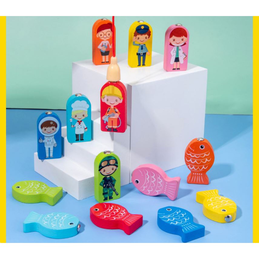 ⚡️𝗙𝗥𝗘𝗘𝗦𝗛𝗜𝗣⚡️  - Đồ chơi câu cá gỗ 5 trong 1 kèm hình khối, số, gia đình và động vật…