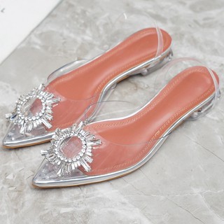 Giày Sandal Mũi Nhọn Đế Thấp Trong Suốt Đính Đá Xinh Xắn Dành Cho Nữ