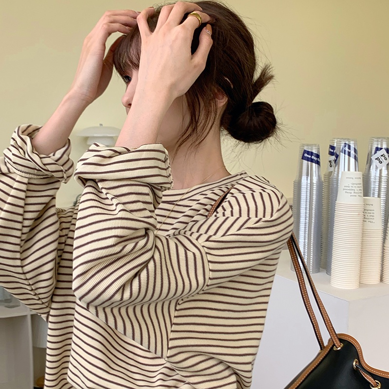 Áo thun XIAOZHAINV tay dài cổ tròn họa tiết kẻ sọc phong cách Hàn Quốc cho nữ