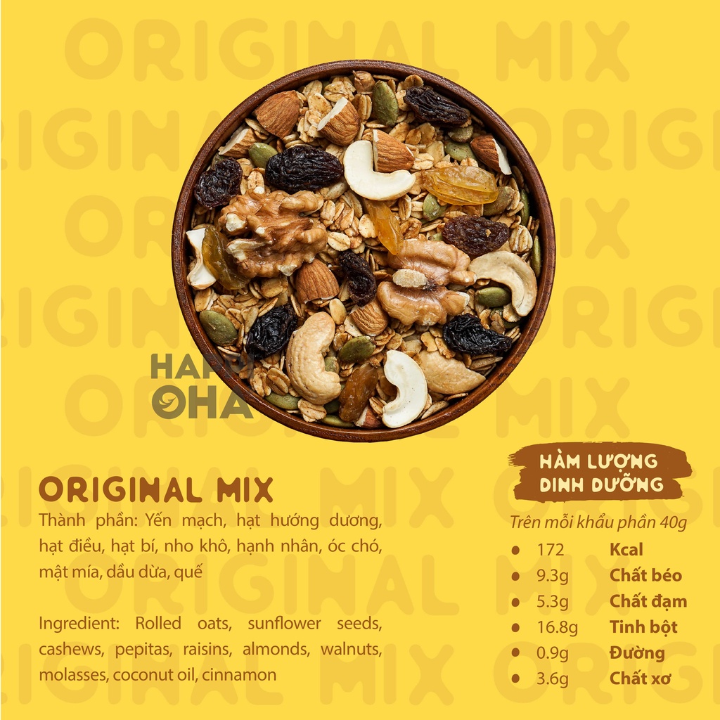 Ngũ Cốc Ăn Sáng/Ăn Kiêng Không Đường Tinh Luyện 40g - Granola Original Mix HAPPI OHA