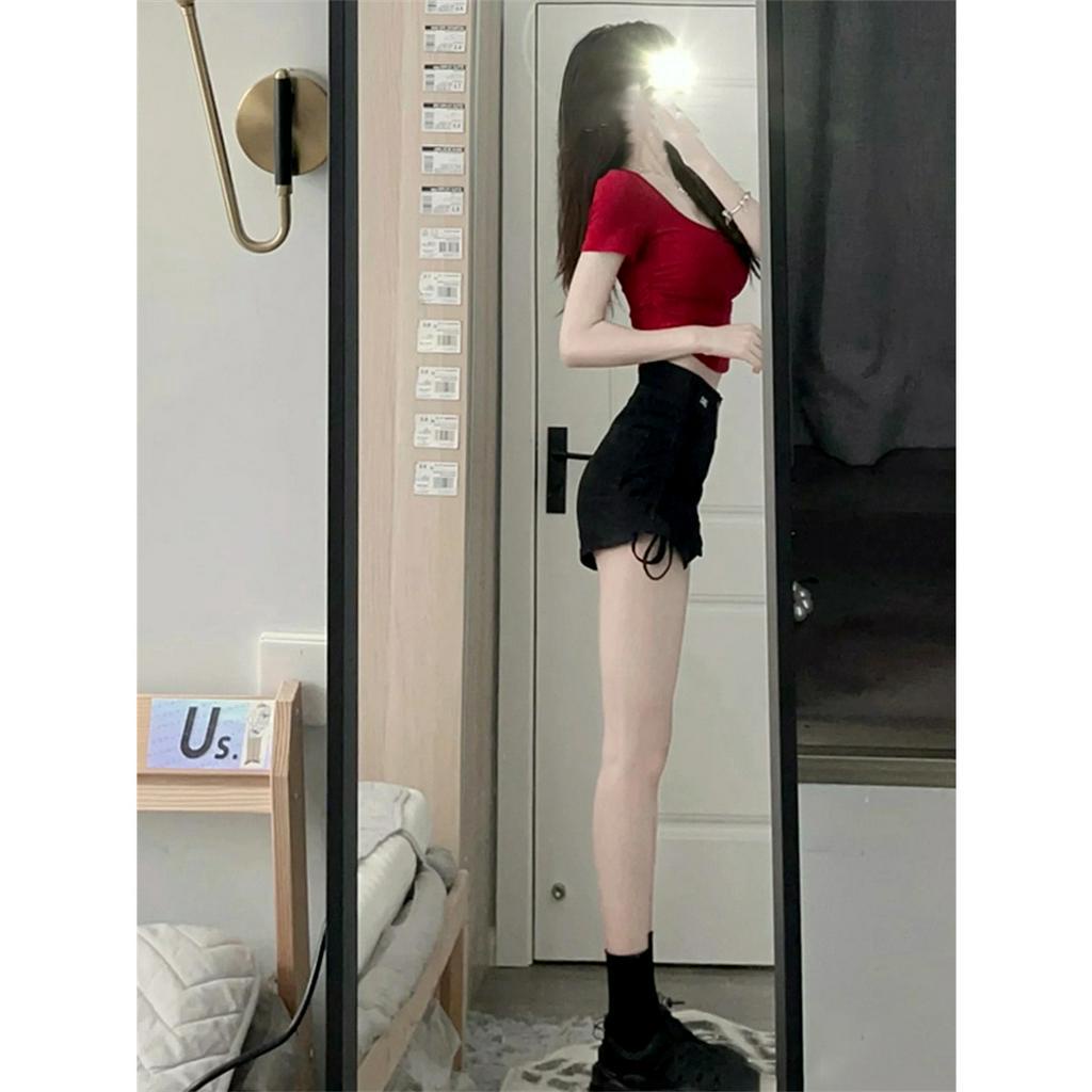 Cocory vn Quần Short Jeans Đen Lưng Cao Dáng Chữ A Gợi Cảm Cho Nữ