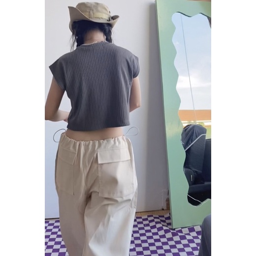 Quần dù be thắt dây eo túi phía sau